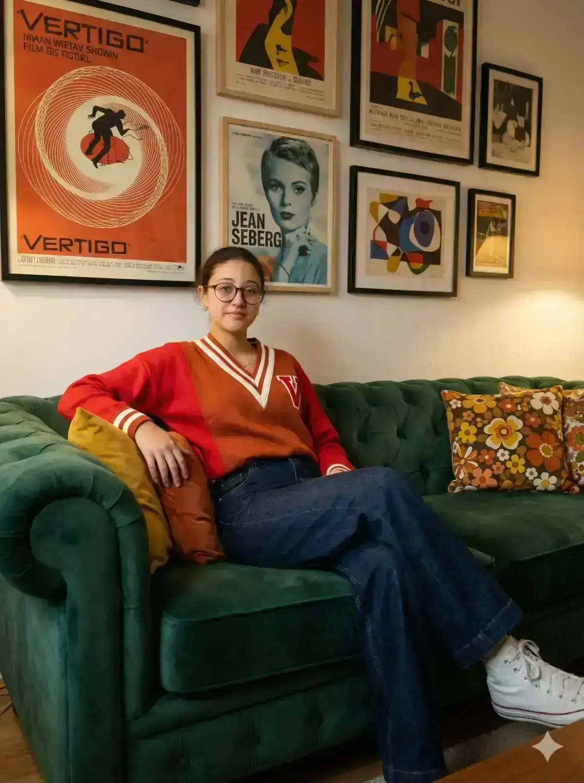 realistic indoor lifestyle portrait set in a mid-century modern, retro-inspired living room