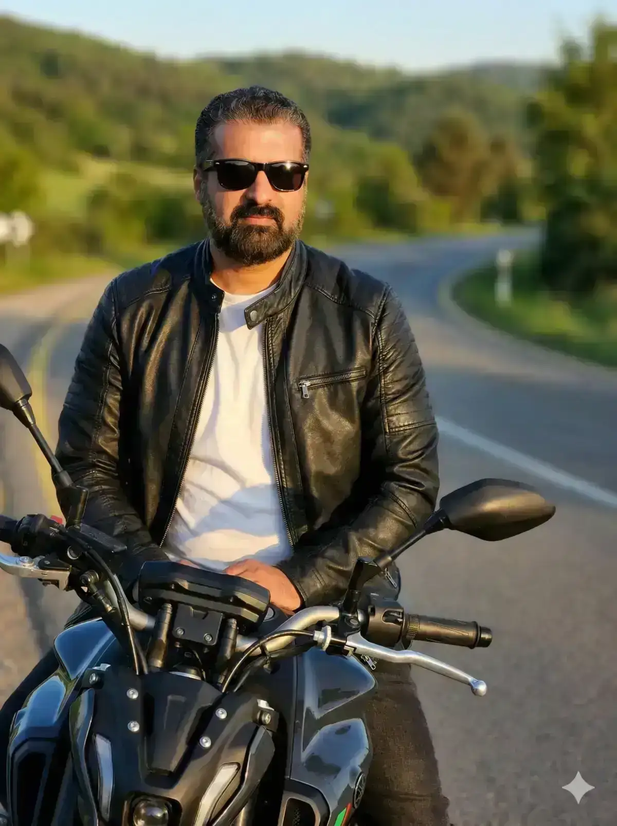Confident Man on Modern Motorbike Cinematic Outdoor Portrait
