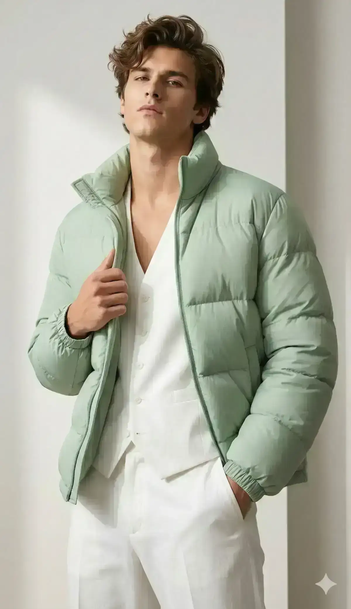 Stylish young man in bold attitude pose: centered, body slightly angled, one hand in trouser pocket, other gripping