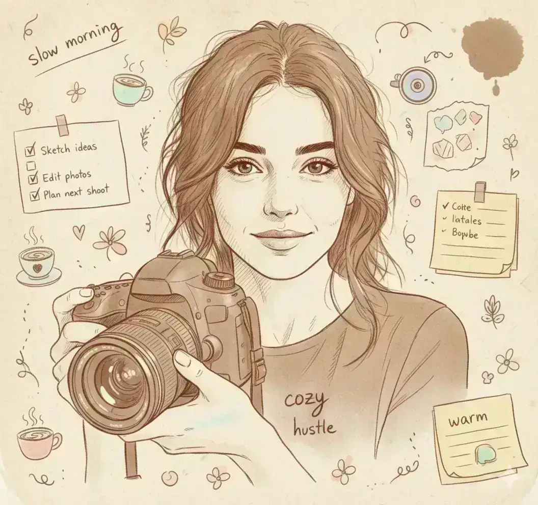 cozy café journal-style illustration with warm brown ink