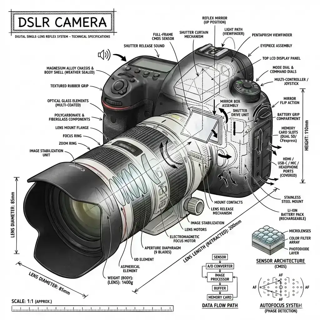 combining a realistic photograph or photoreal render of the object with technical annotation overlays placed directly on top.
