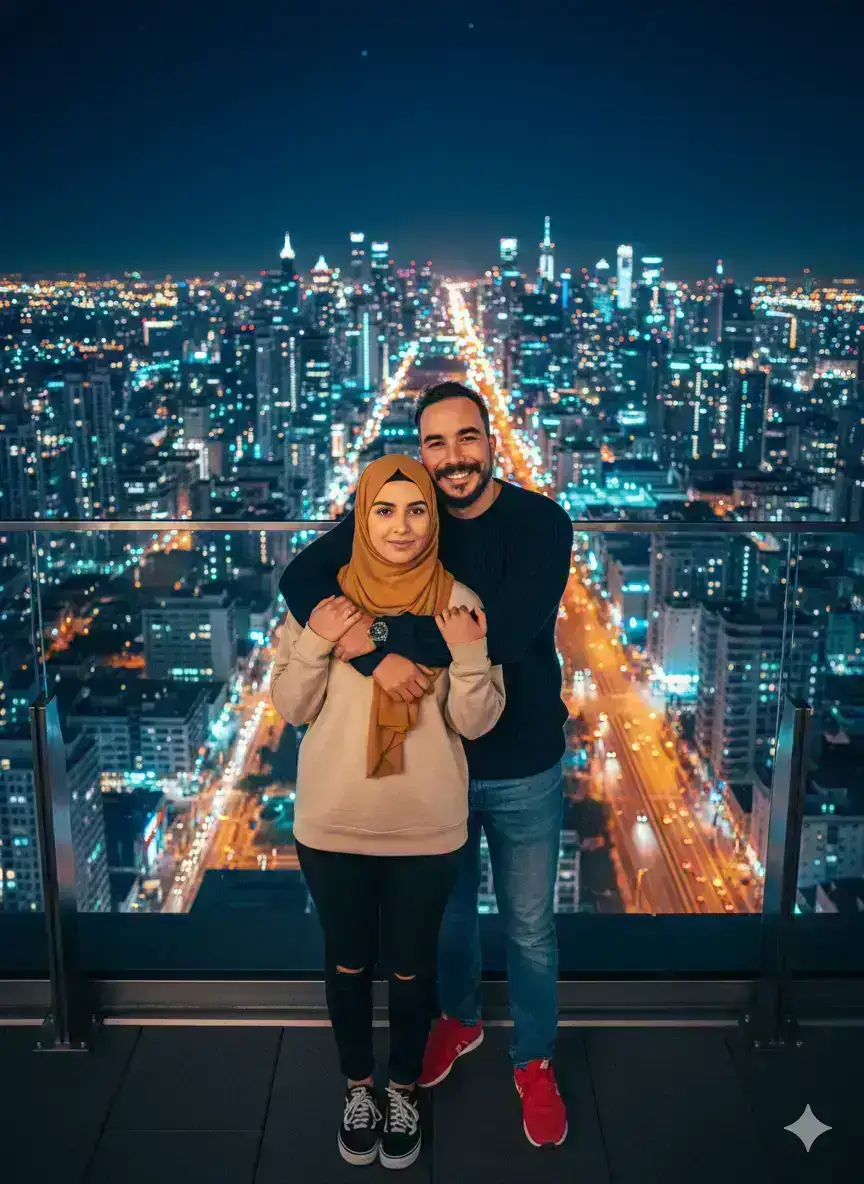 Couple's Rooftop Cityscape Photo