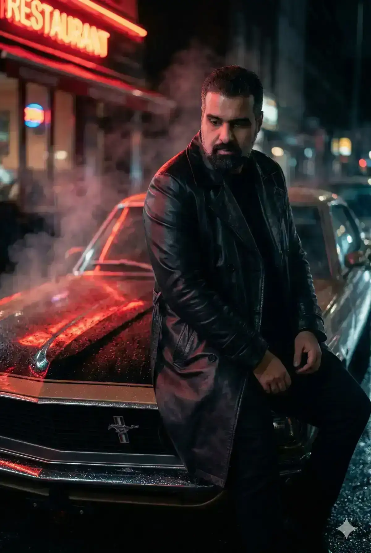 night fashion editorial portrait of an adult man is sitting on the hood of a vintage 1969 ford Mustang