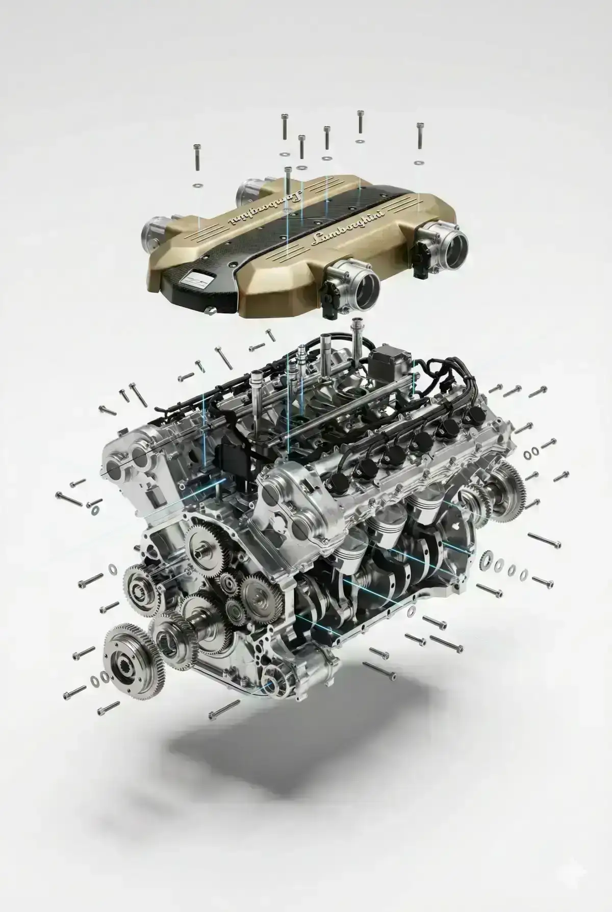 product advertising, white seamless background, exploded view with inner mechanics revealed
