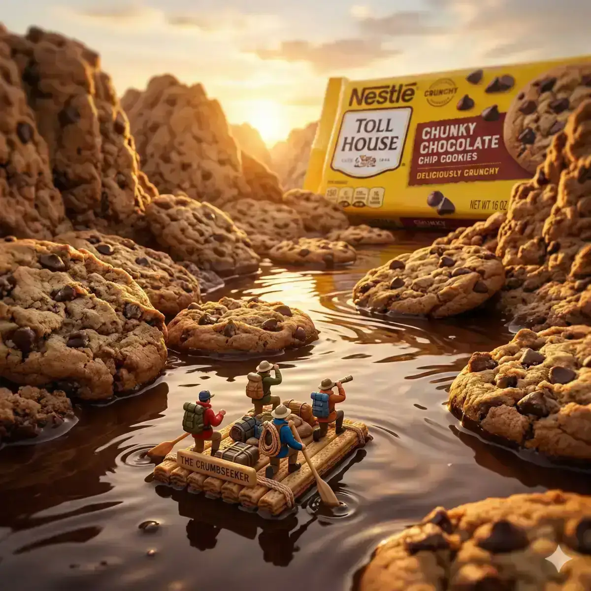 cookie canyon world, chocolate chip cookie mountains and islands floating in melted chocolate river