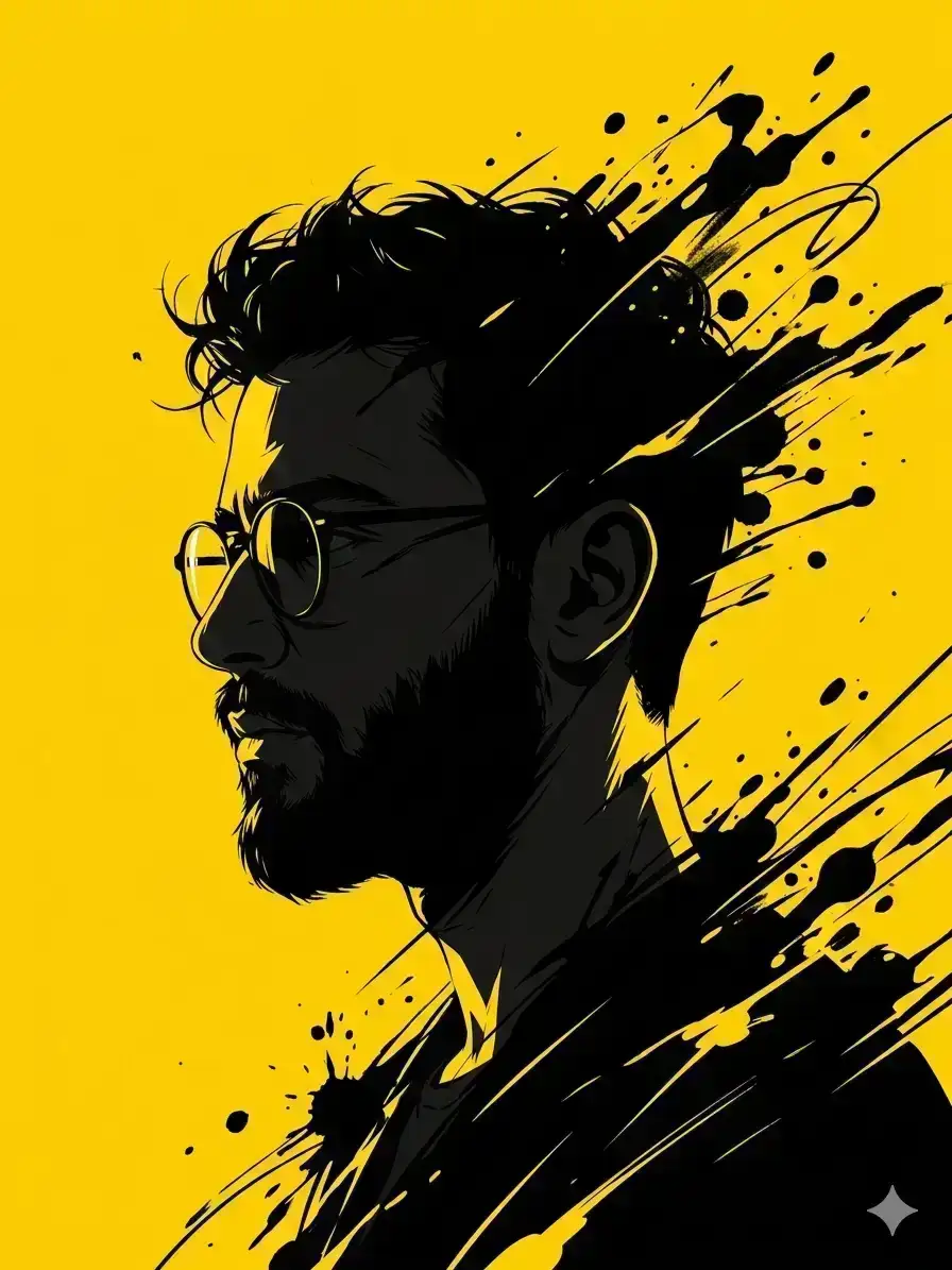 young man with short messy hair and round glasses, minimalist black