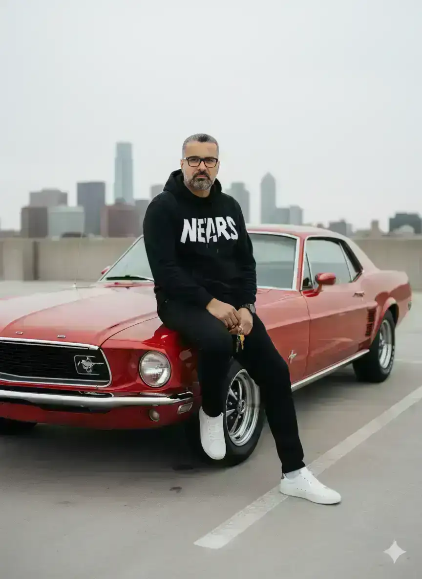 portrait of a confident man sitting on the hood of a vintage red muscle car