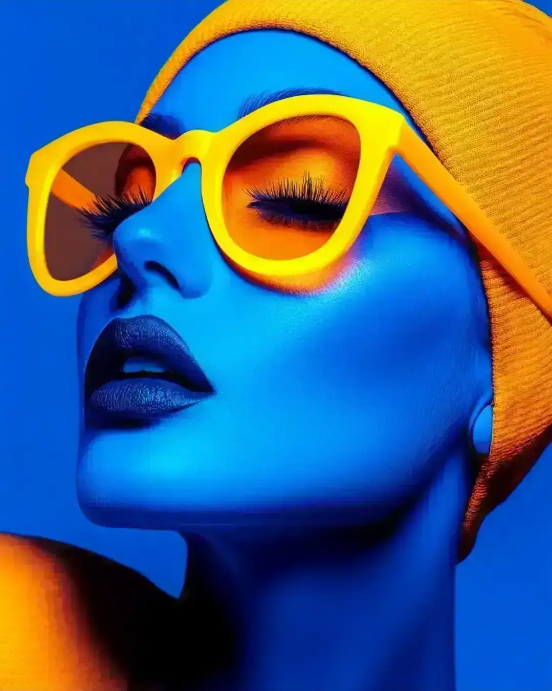 futuristic fashion portrait of a woman, electric blue skin tone, wearing bold oversized yellow sunglasses with orange reflective lenses
