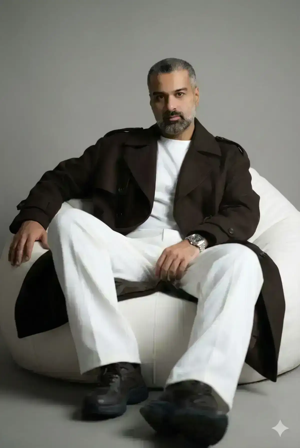 cinematic fashion photoshoot of a 40-year-old man. He has a refined slim face with a lean, youthful