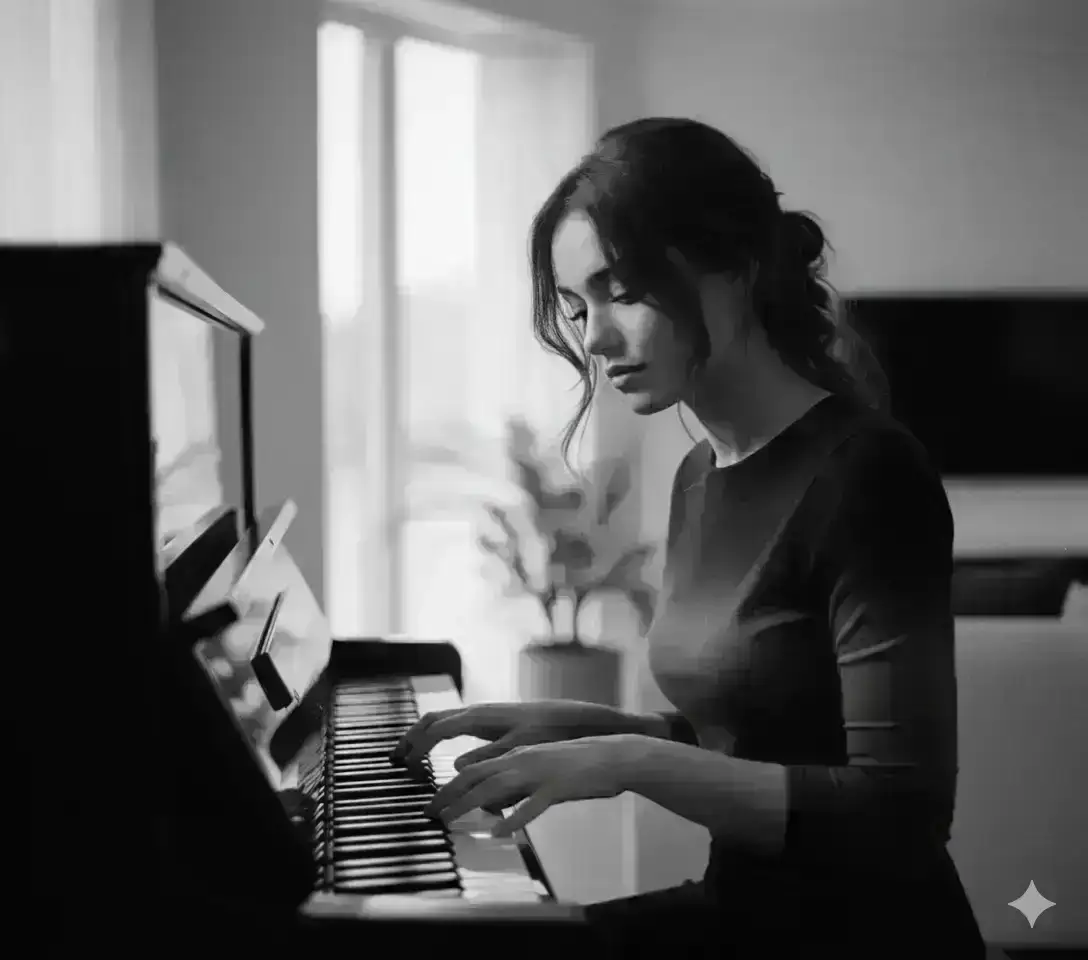 A young woman playing an upright piano in a quiet modern living room