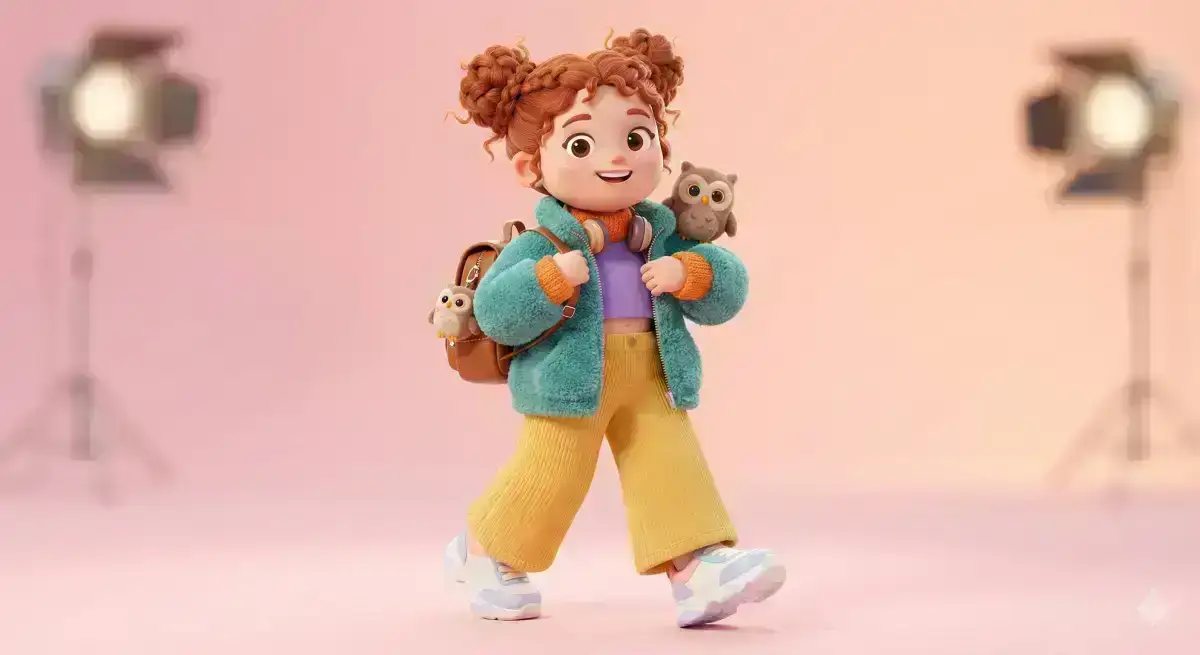 3D stylized character design of a cute, fashion-forward girl with a Pixar