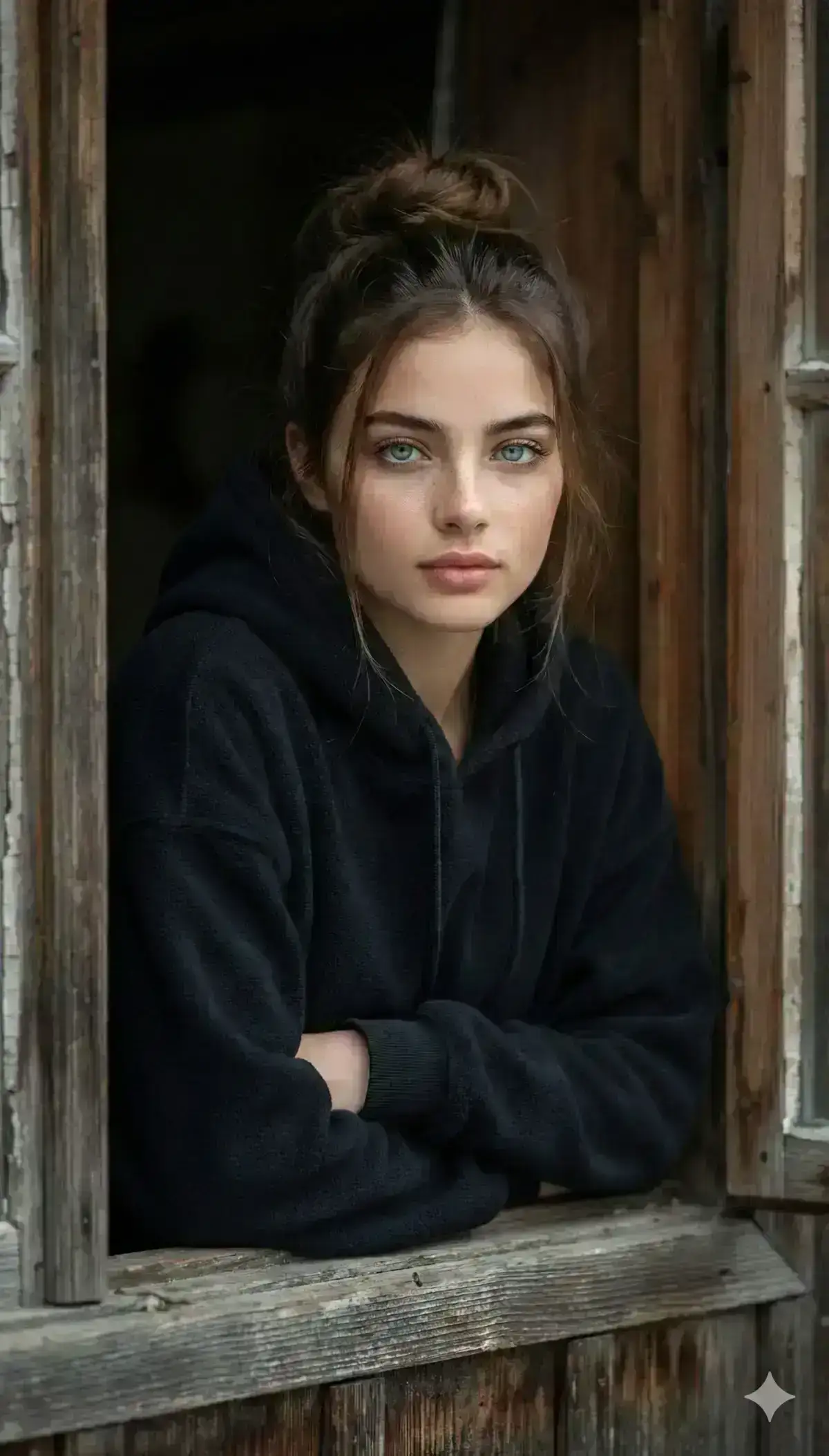 cinematic portrait of a young woman leaning out of a rustic wooden window