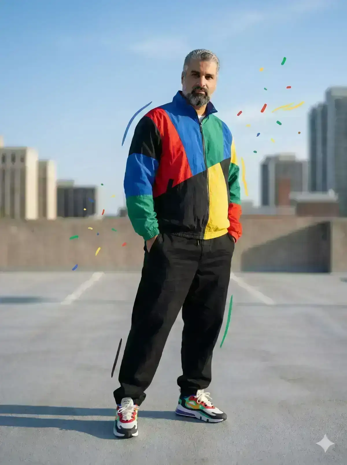  full-body fashion portrait of a young man standing confidently on an open rooftop parking lot under a clear blue daytime sky