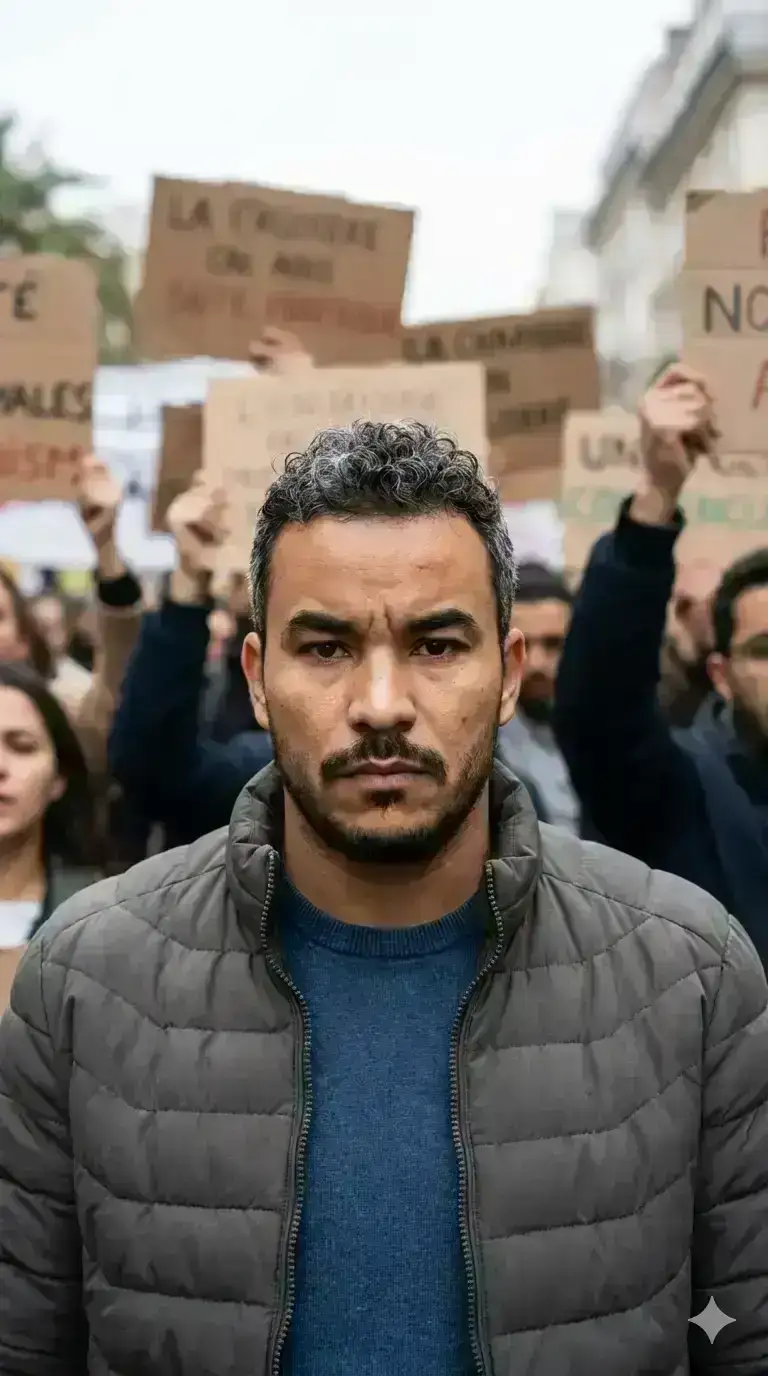cinematic street photograph capturing emotional intensity and stillness within a moving protest crowd