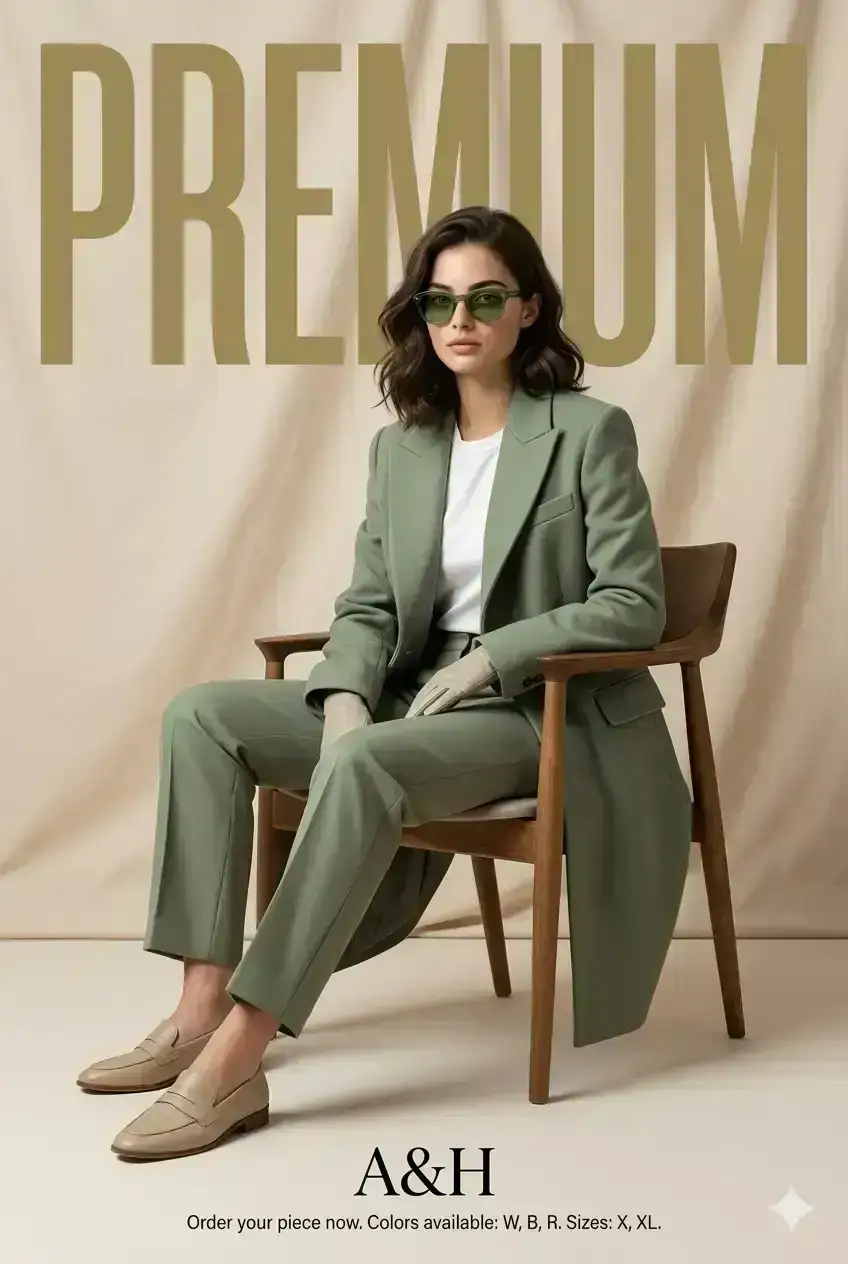 confident female model sitting on a modern wooden armchair, relaxed pose, one hand resting on armrest and other on lap, looking slightly sideways