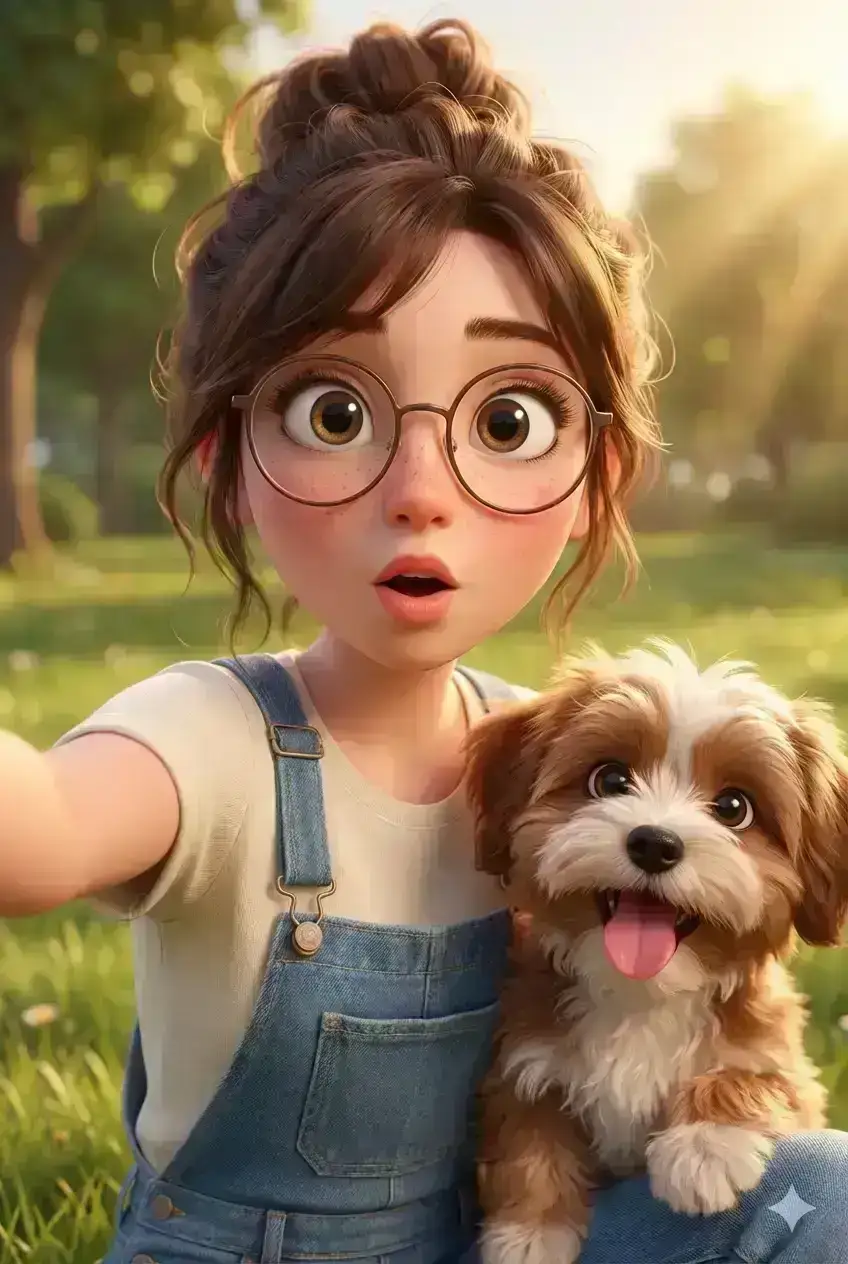 Pixar-style 3D render of a cute young girl taking a selfie with her fluffy dog.
