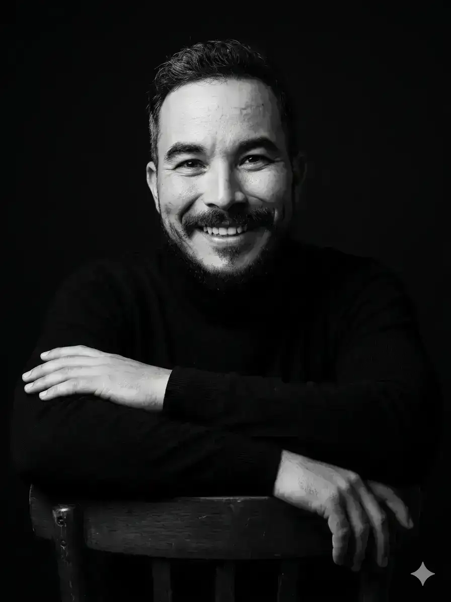 studio portrait of him leaning gracefully on the backrest of a chair,