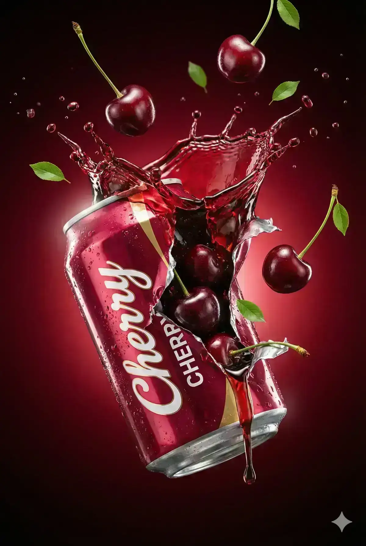 commercial beverage advertisement, vertical composition, a crushed glossy aluminum soda can floating in mid-air