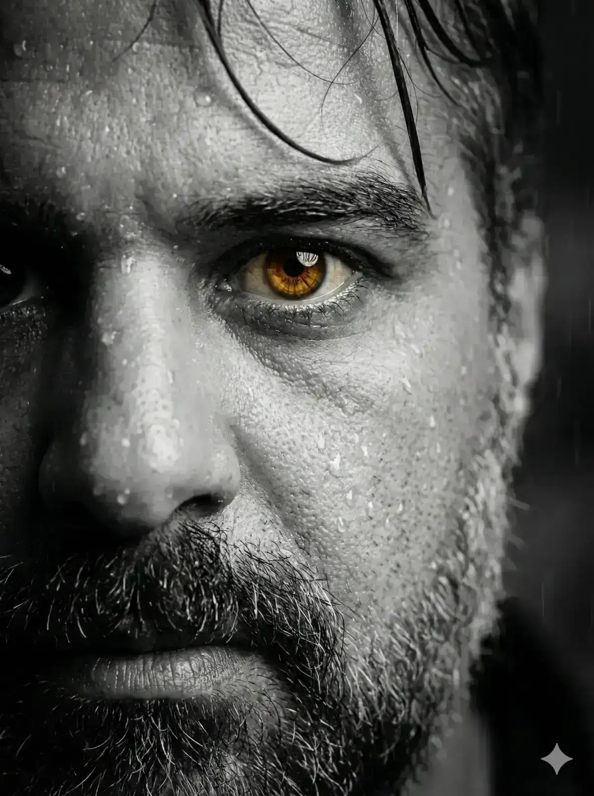 close-up portrait of a rugged man’s face, extreme detail, black and white photography with selective color, one intense amber/brown eye in sharp focus