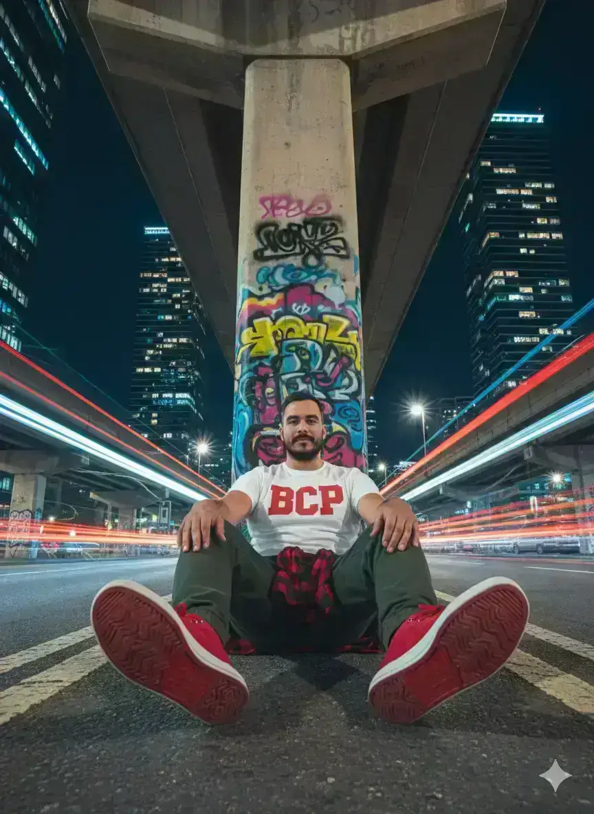 A stylish man sitting on an empty city street