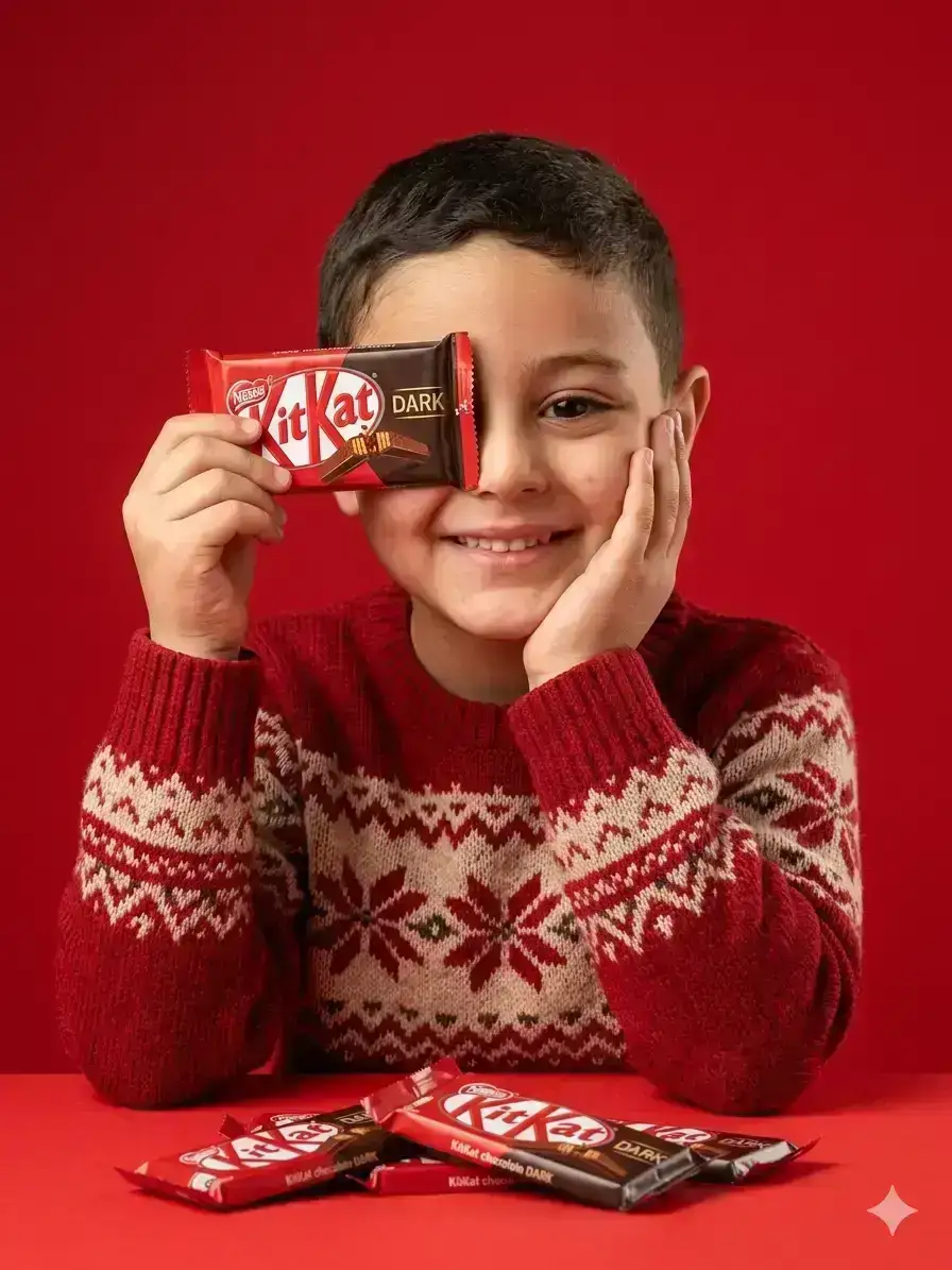 young boy with short black hair and bangs smiling while holding a red KitKat Dark chocolate bar covering one eye, resting her cheek on her hand