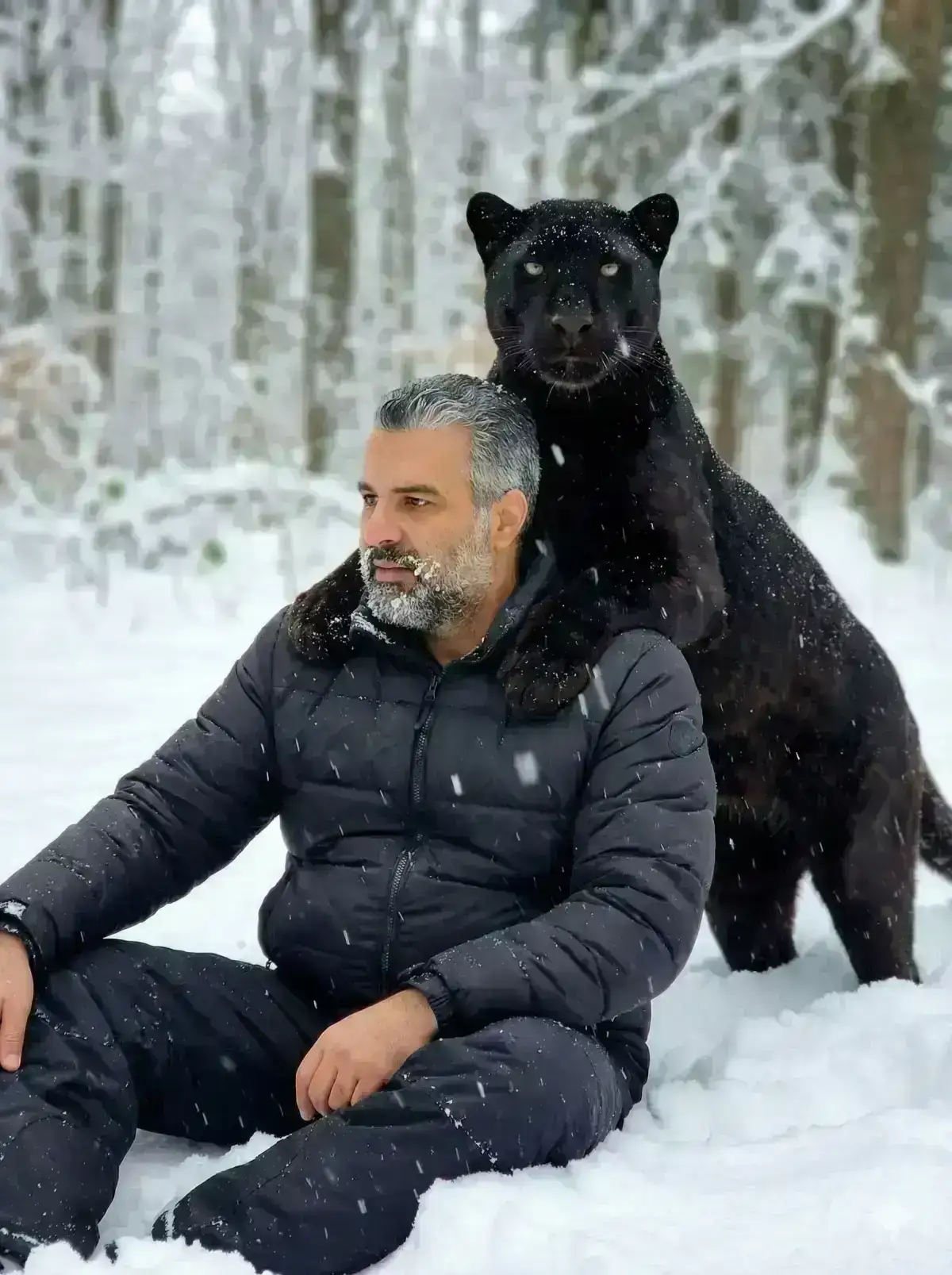 man seated in deep snow within a snowy forest. 