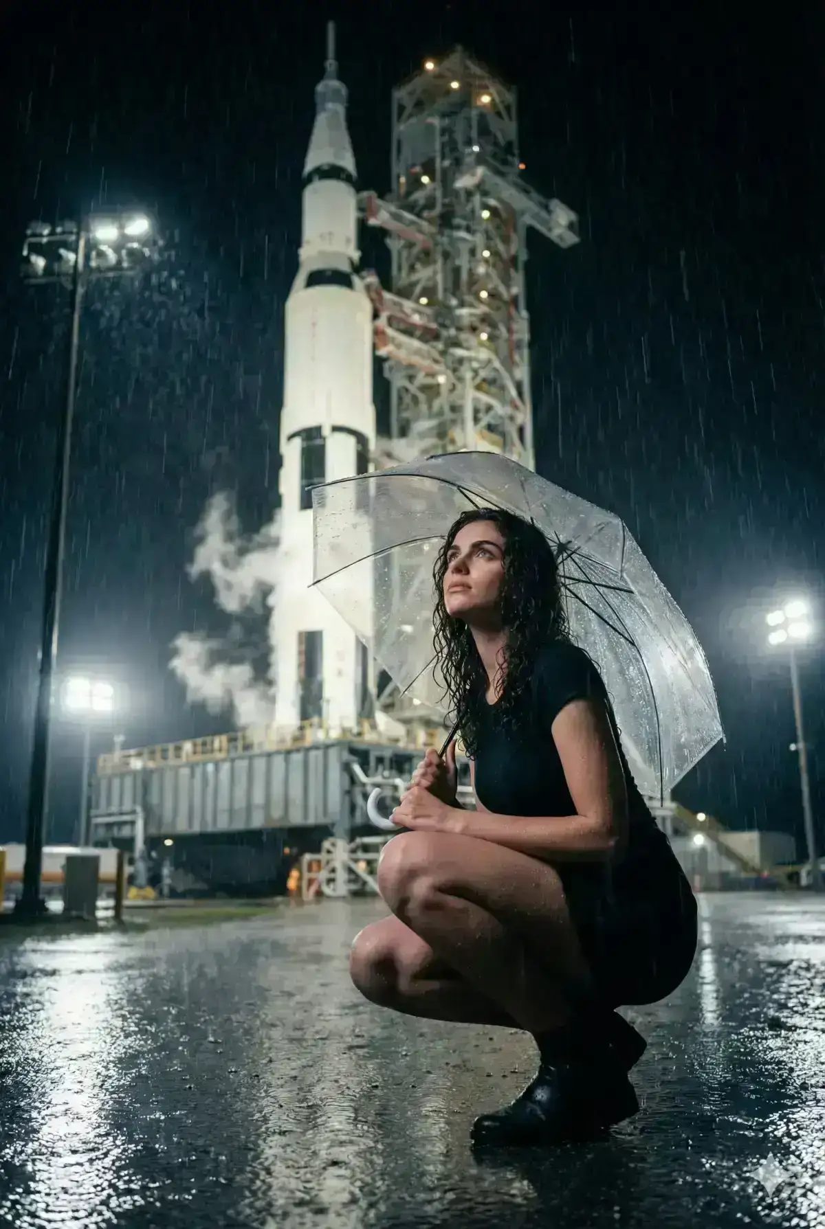  young woman with curly hair crouching on wet pavement at night, holding a transparent umbrella in heavy rain. She gazes upward with a thoughtful, determined expression