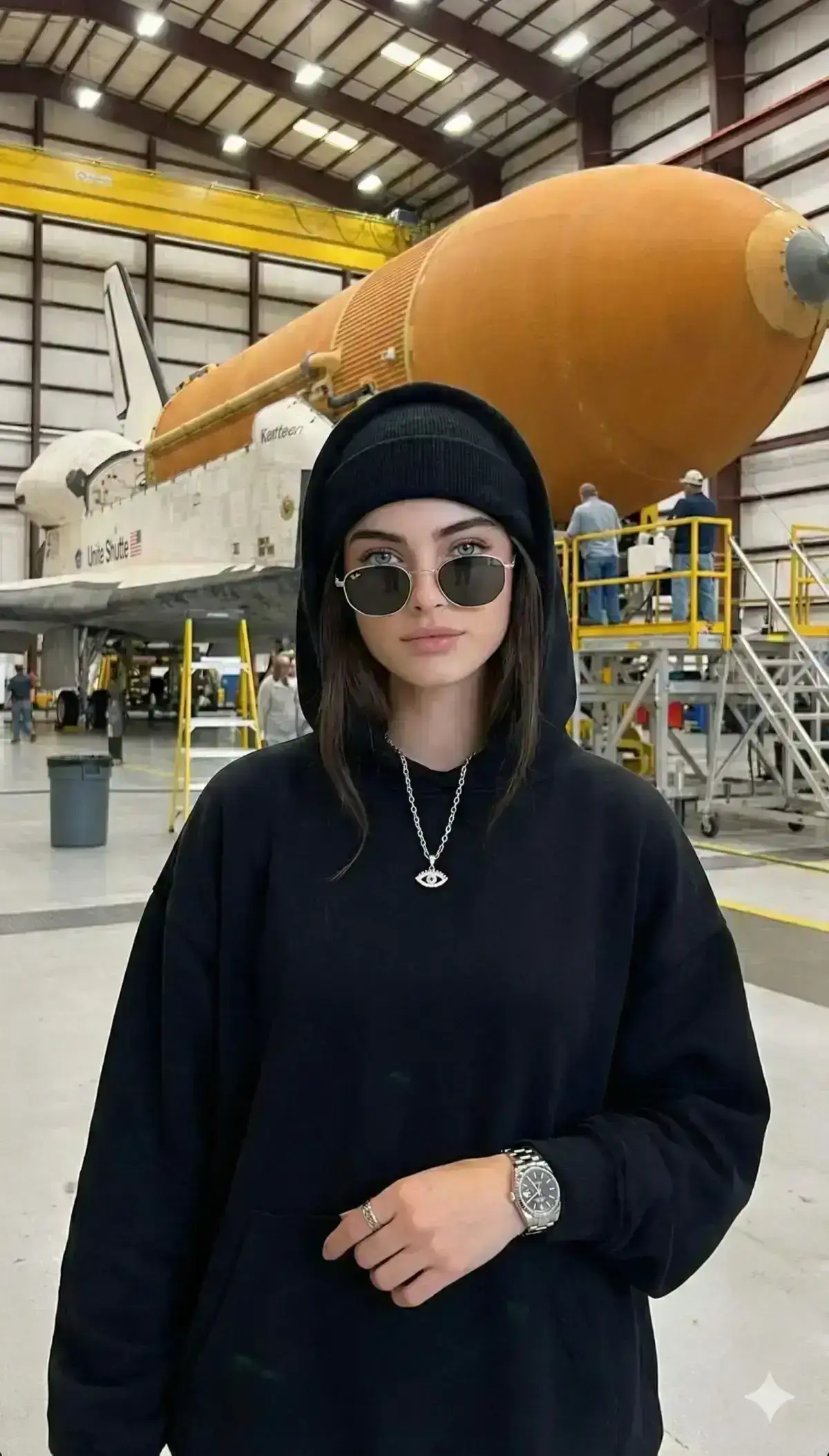 stylish young woman standing confidently inside a large aerospace hangar