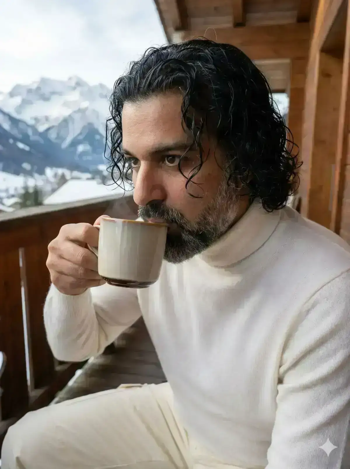 Wearing a white cashmere turtleneck and cream ski pants