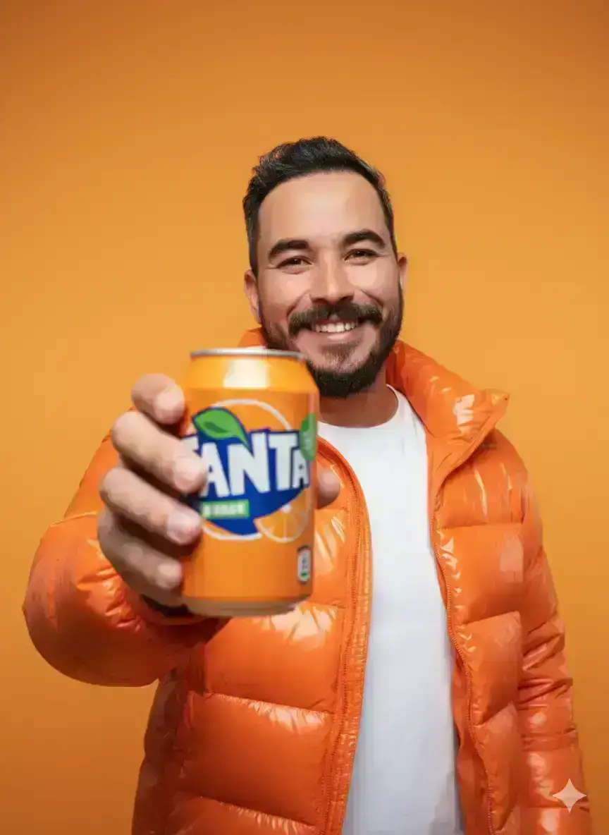Studio portrait of one smiling person holding a Fanta