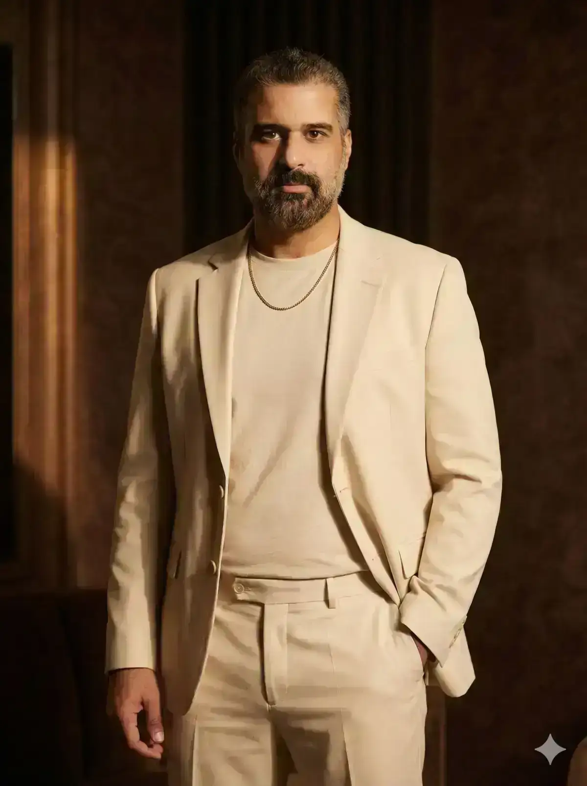 A young man standing upright with a calm and confident expression