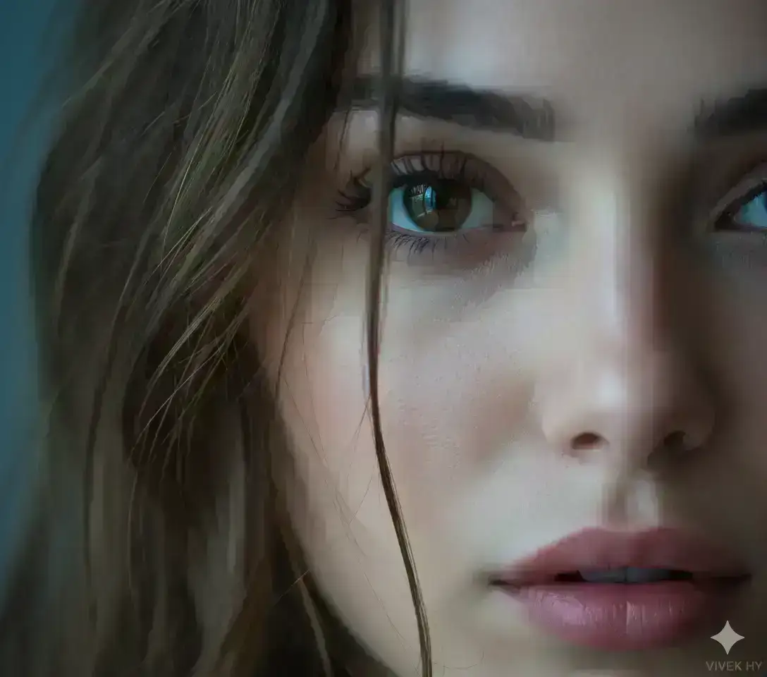 Extreme close-up macro portrait of a young woman's face