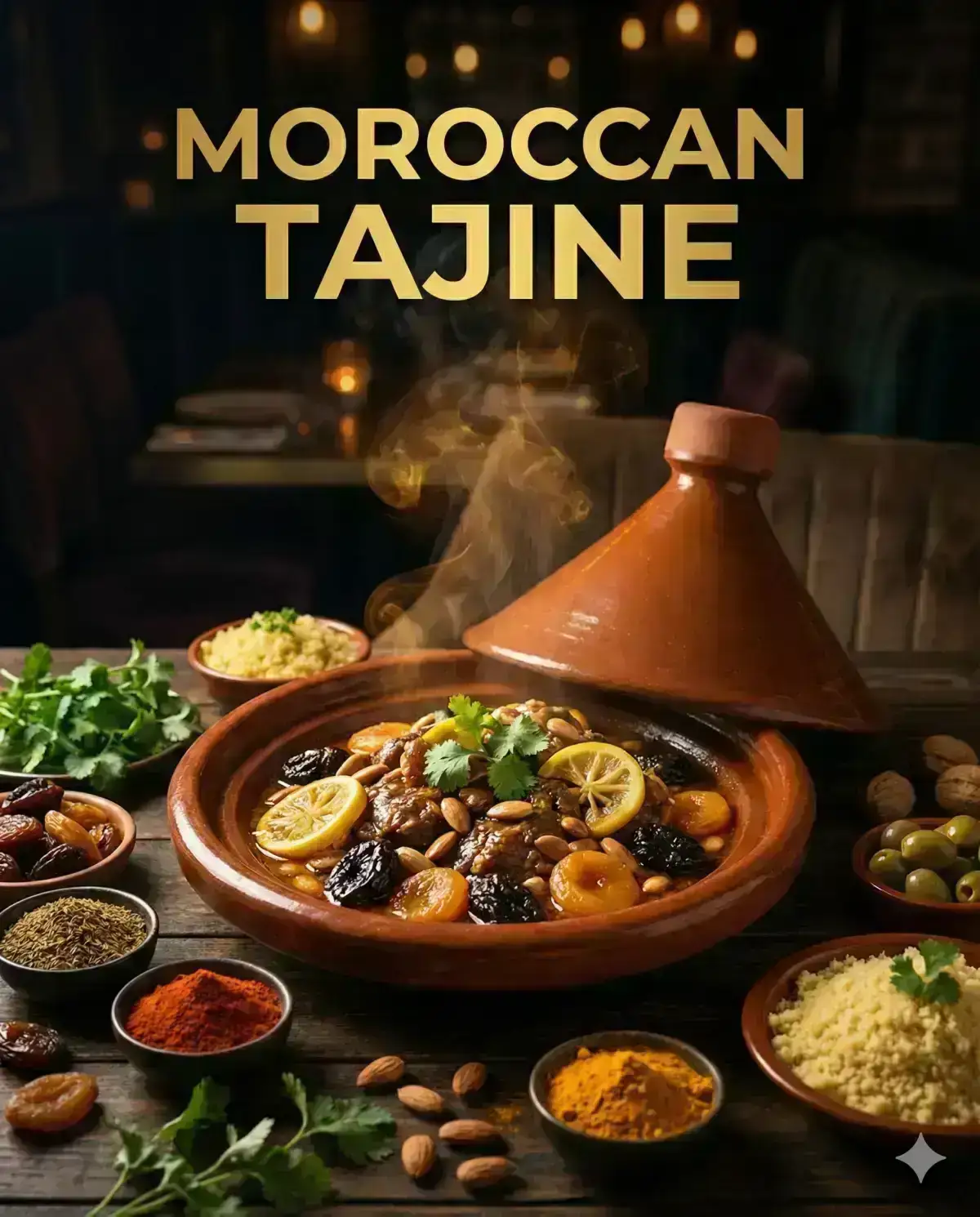 food advertising poster in a dark, moody restaurant atmosphere featuring a dish called Moroccan Tajine