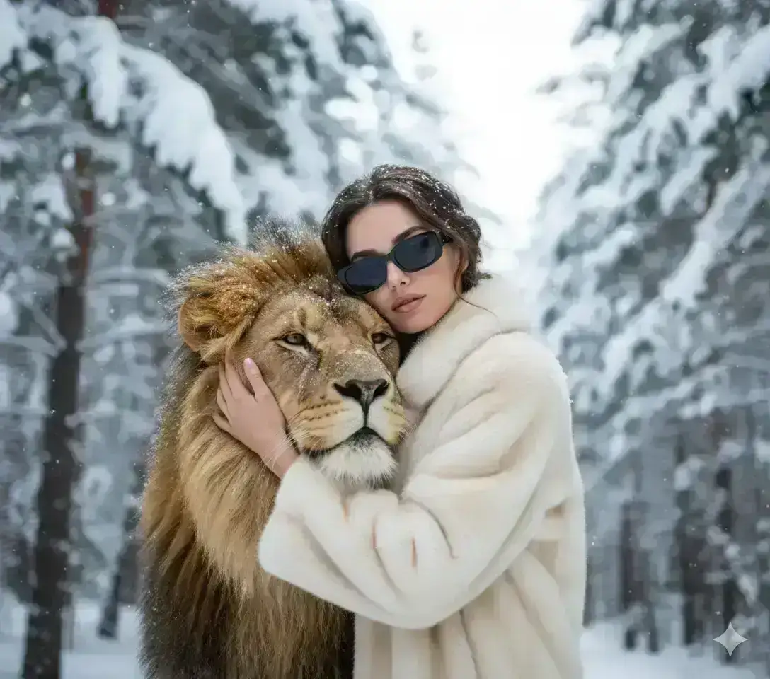 A beautiful young woman stands in a snowy winter forest