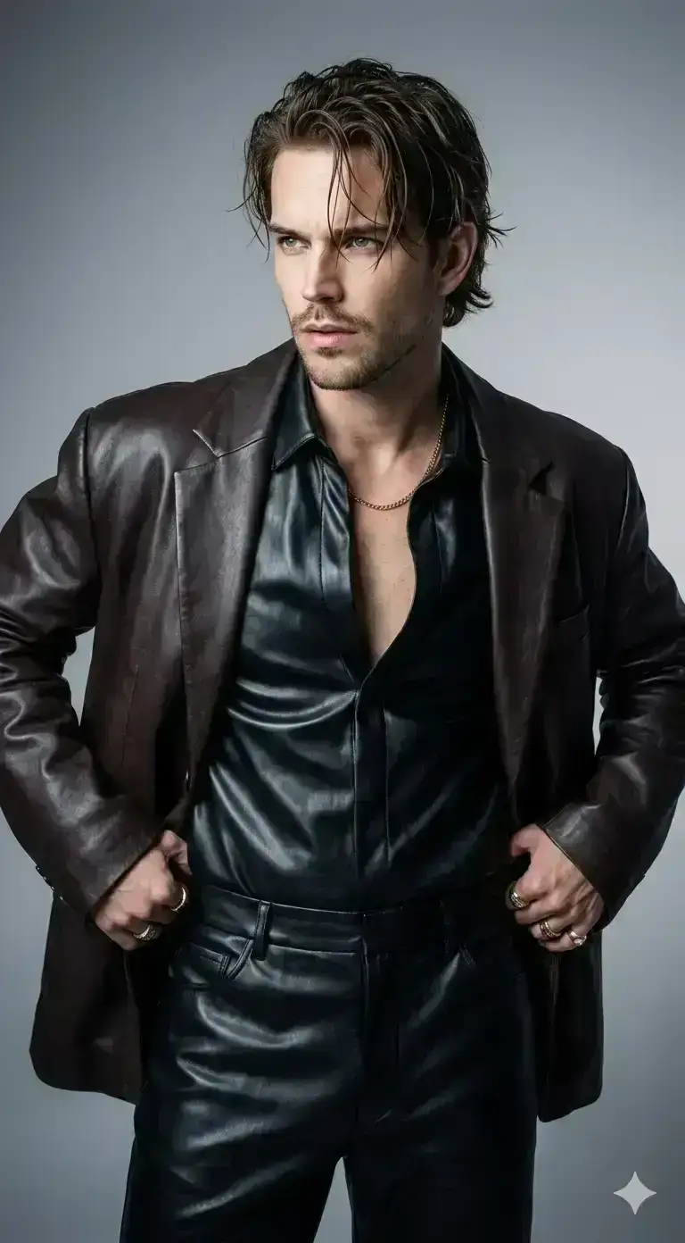 Cinematic fashion editorial photo, medium-full portrait from mid-thigh up, eye-level with slight telephoto compression, subject centered with generous negative space