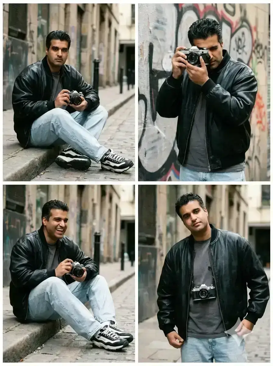 cinematic photography collage with four distinct frames featuring a stylish young man in a trendy urban streetwear outfit