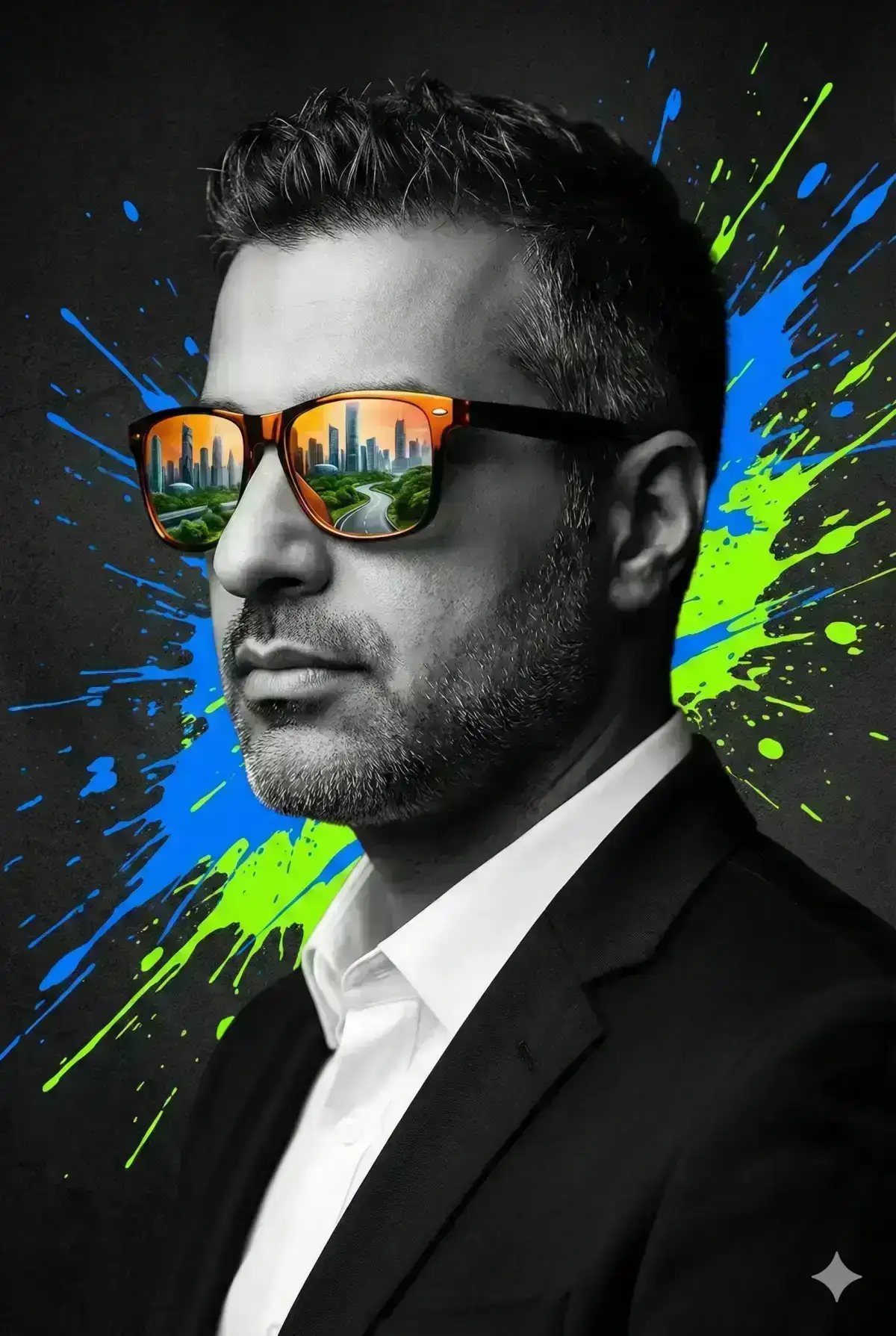 cinematic portrait of a stylish man in side profile, wearing a modern black suit and white shirt