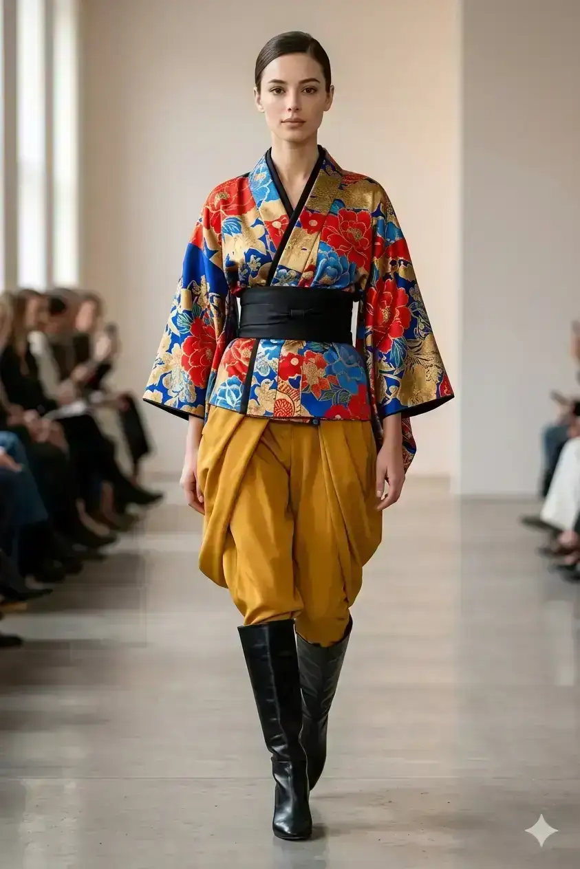 runway portrait of a poised model walking forward wearing an avant-garde kimono-inspired outfit 