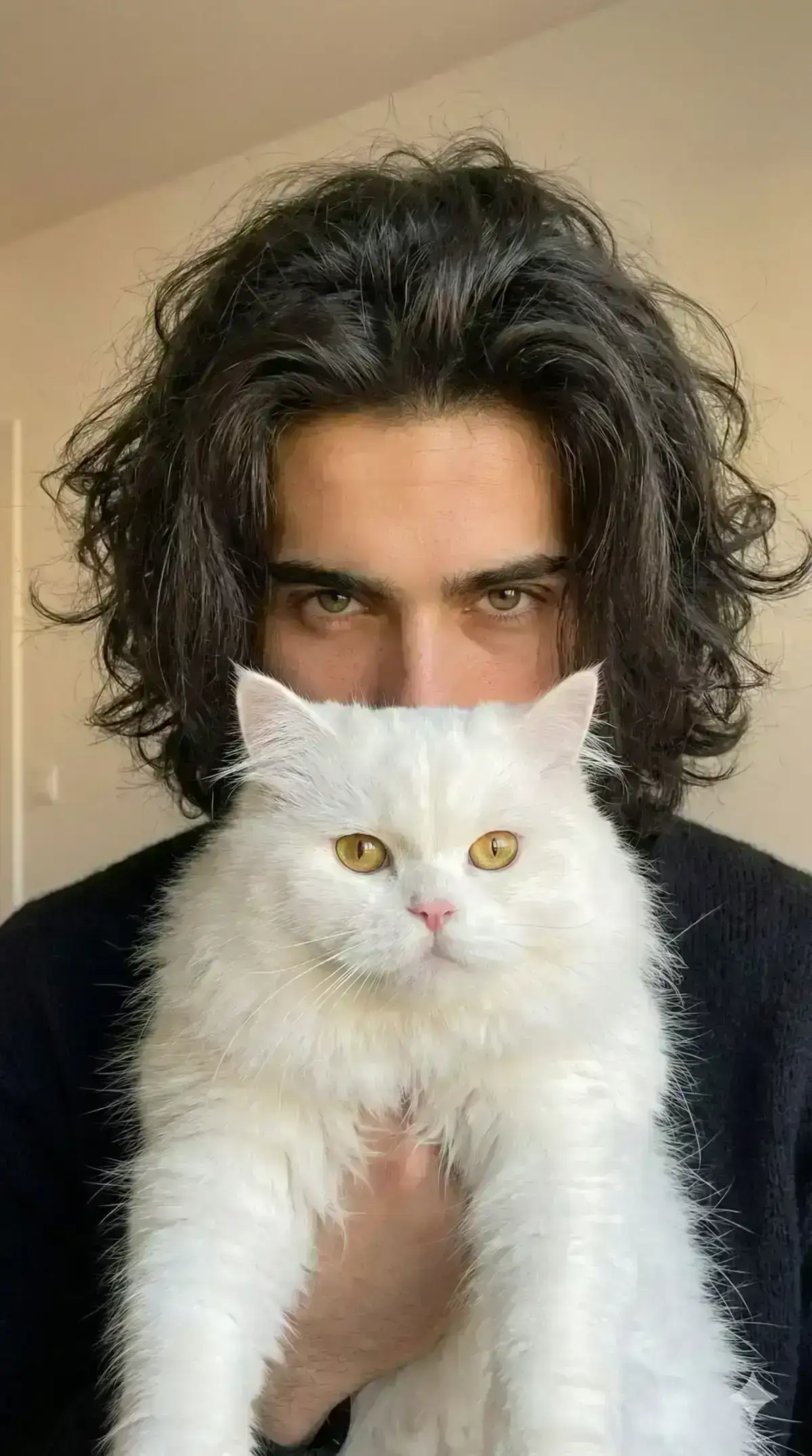 Close-up portrait of a young man Noor with long  messy, voluminous dark hair, holding a fluffy white Persian cat in front of his face.