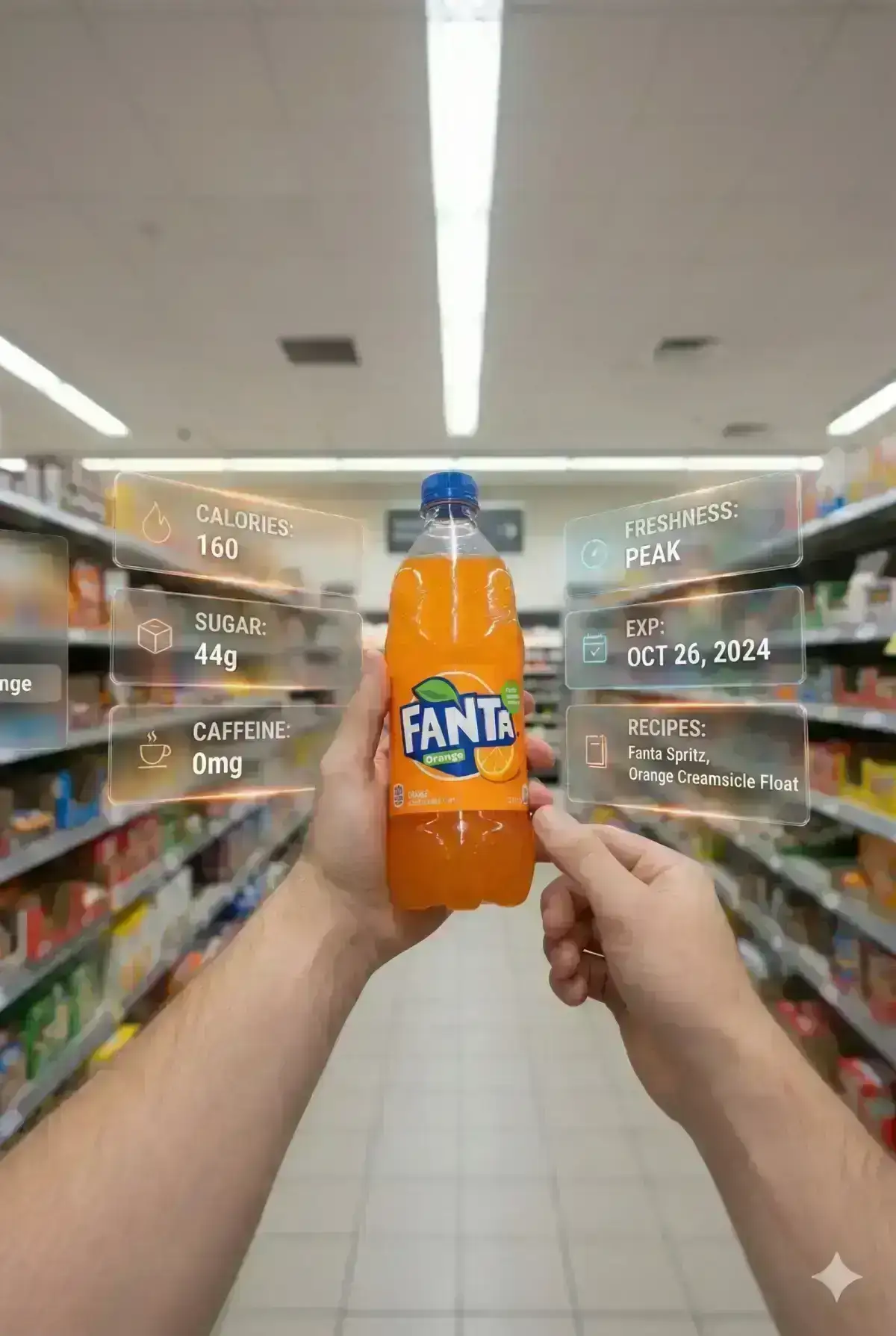 human hands are holding a bottle of Fanta soda close to the camera. 