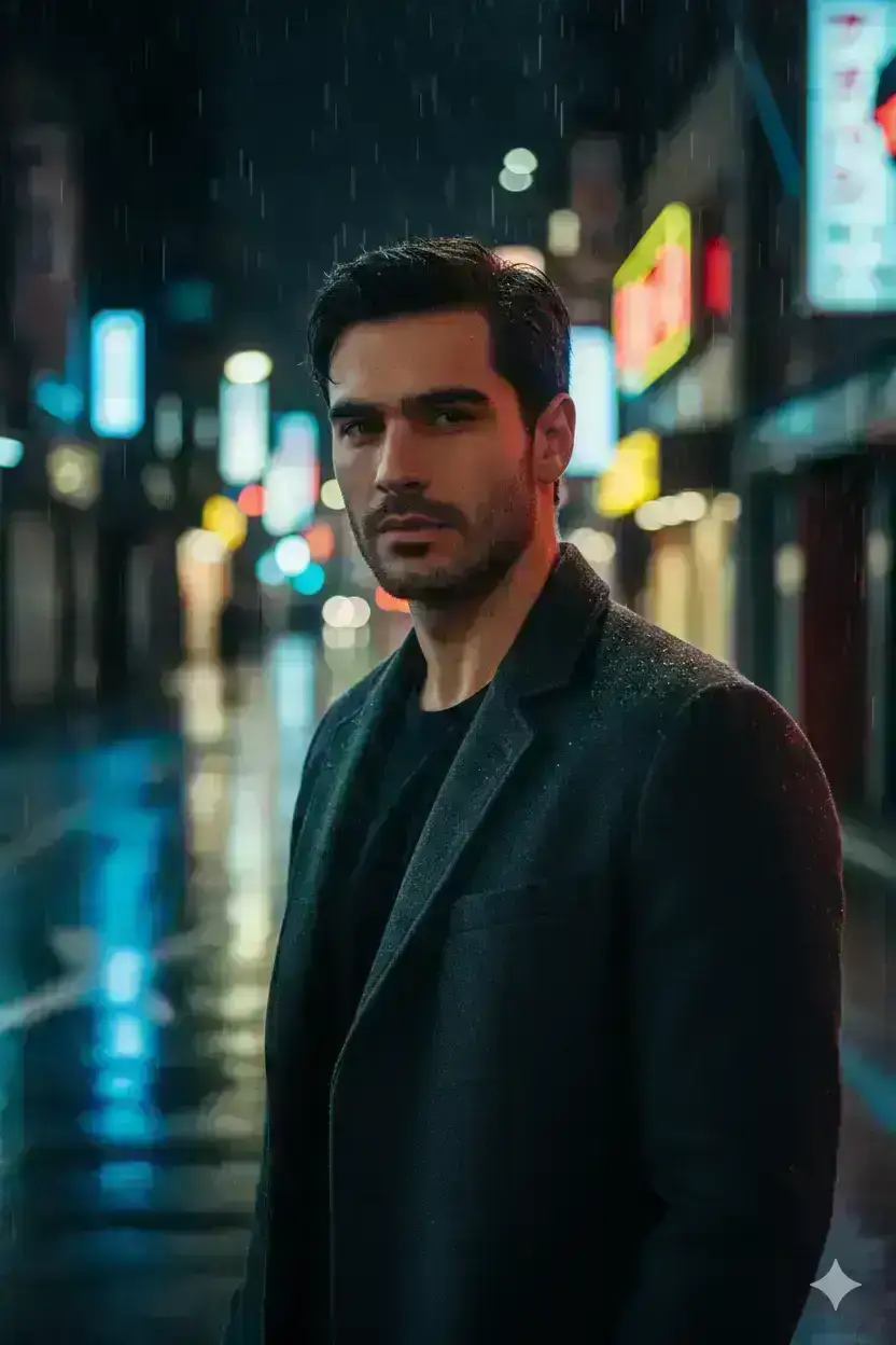 handsome man standing alone on a rain-soaked city street, surrounded by glowing neon signs and blurred traffic 