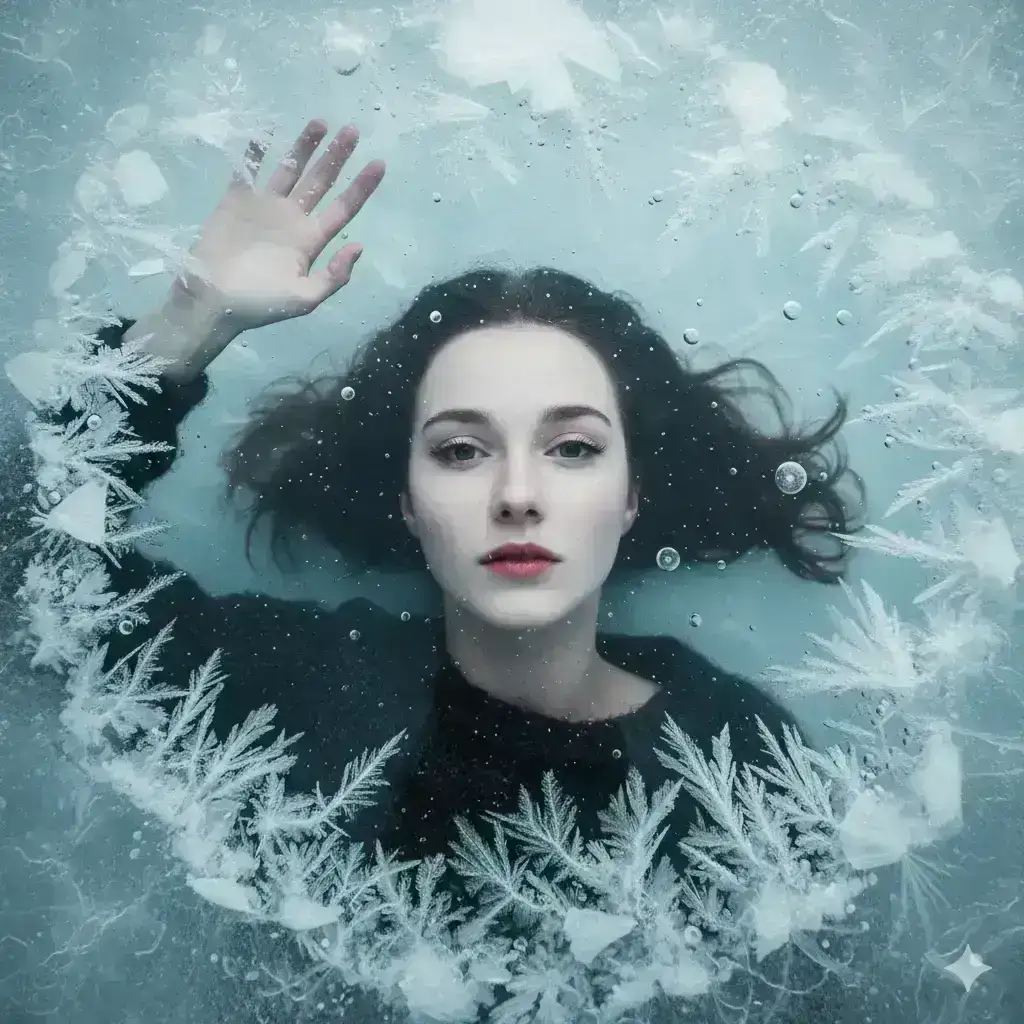 Young woman submerged beneath a frozen surface