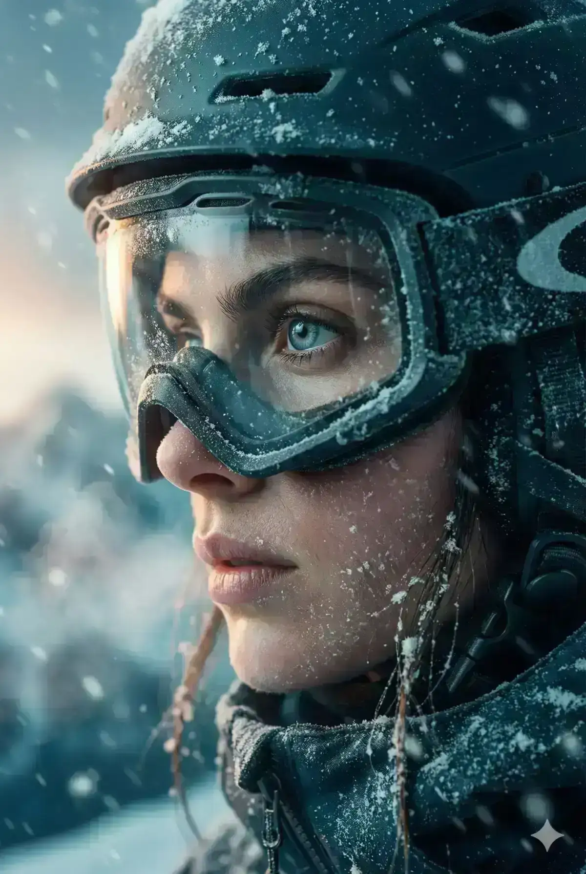 cinematic close-up portrait of a female winter sports athlete, side profile, wearing snow goggles and a helmet