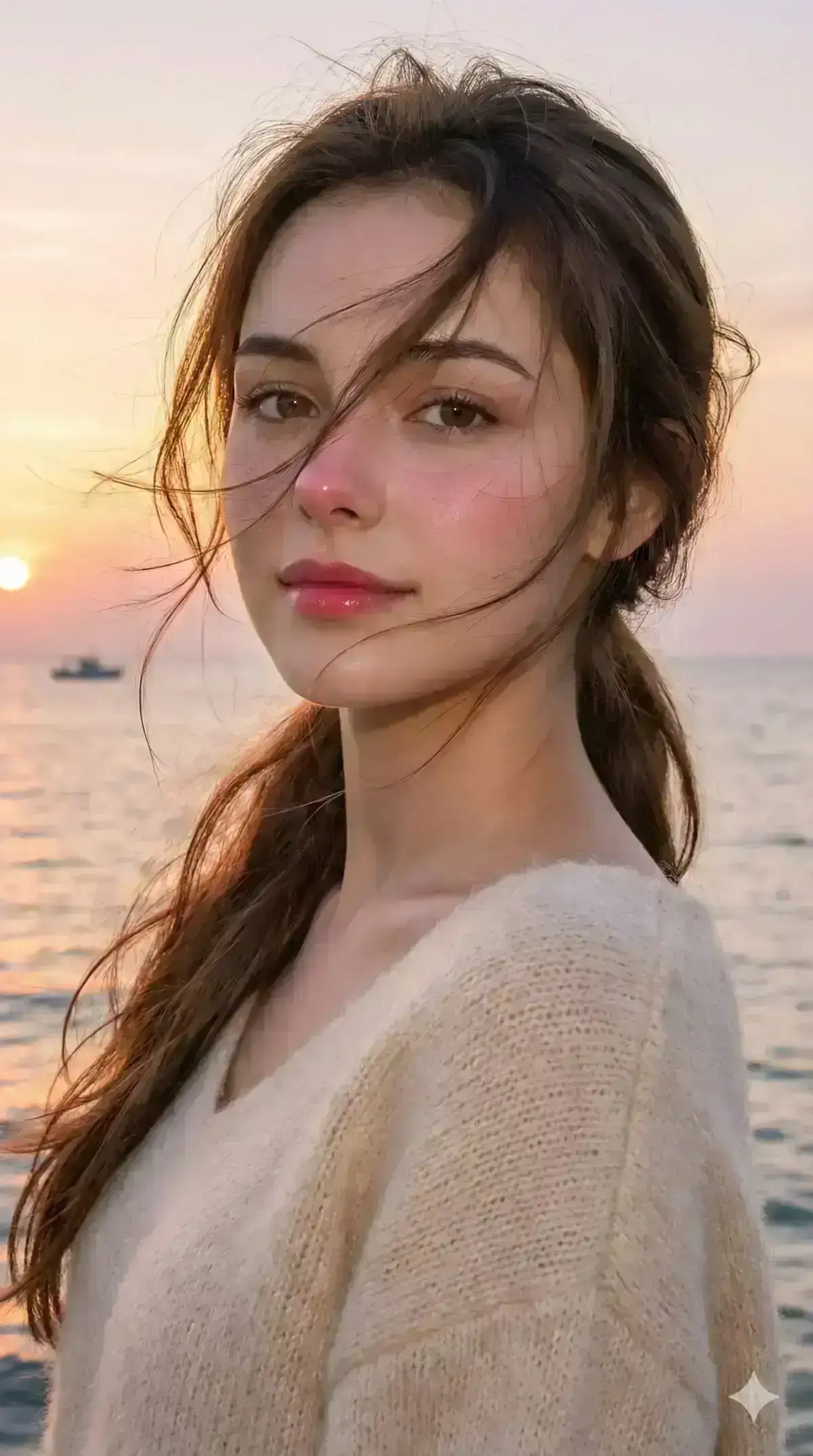 A close-up profile shot of a beautiful, cute young woman, standing slightly sideways and gently turning her face toward the camera with a soft, subtle smile.