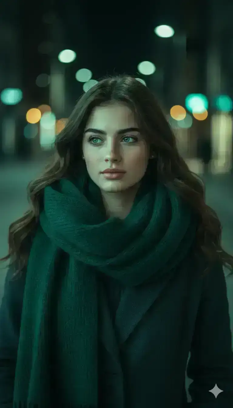 portrait of a young woman standing outdoors, softly lit by ambient city lights