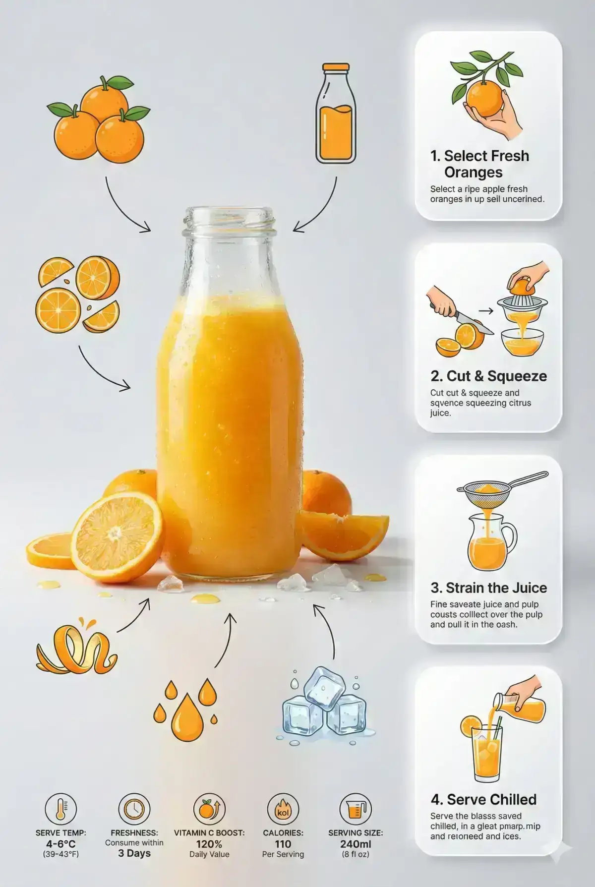 infographic featuring a fresh orange juice glass bottle at the center of the composition