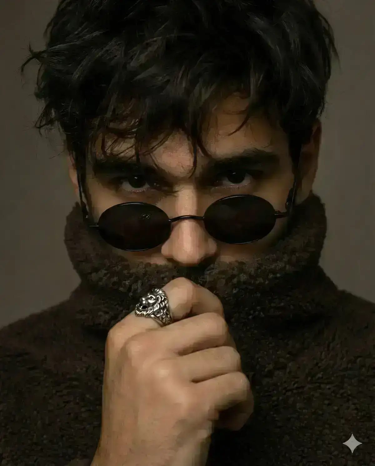 Extreme close-up cinematic portrait of a young man with dark, messy, tousled hair falling over his forehead.