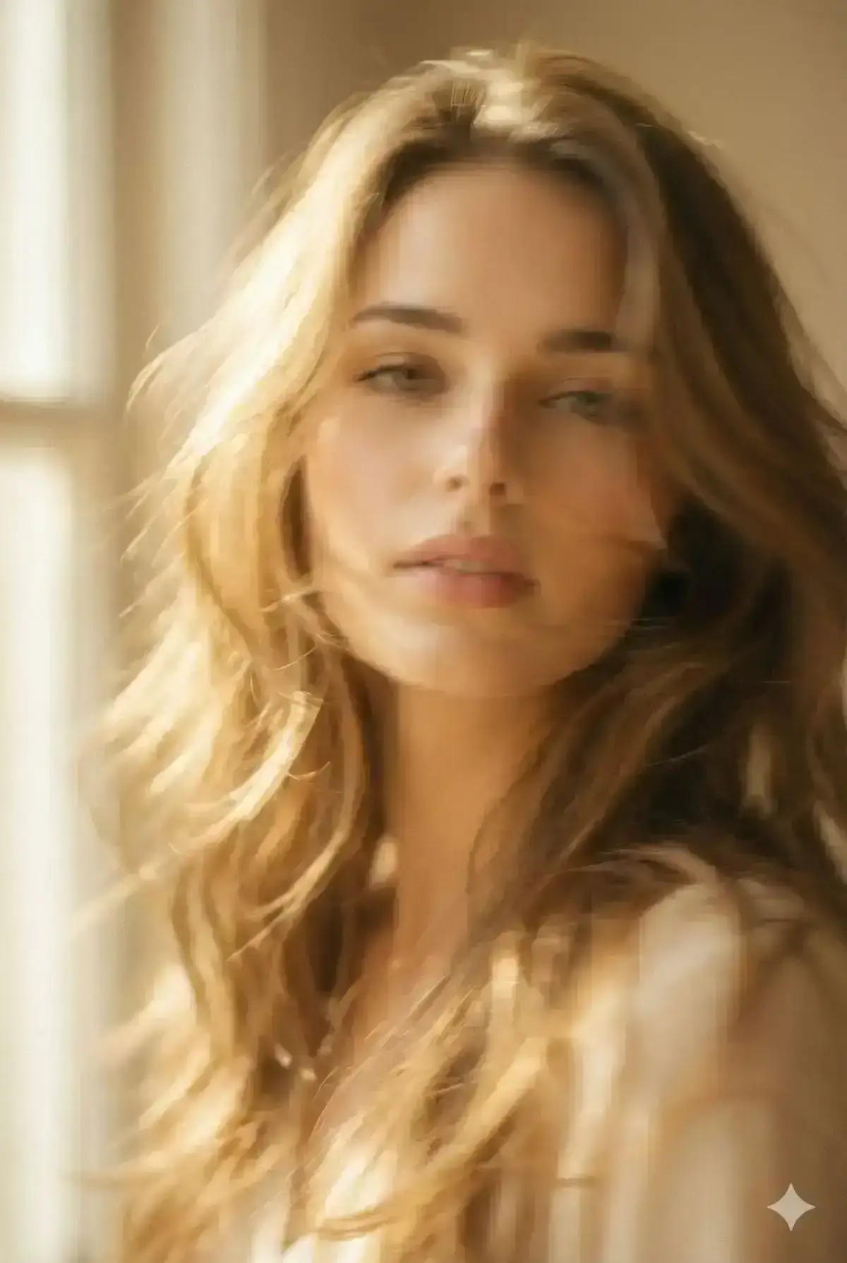 cinematic portrait of a young woman with delicate facial features and light golden hair, caught in motion