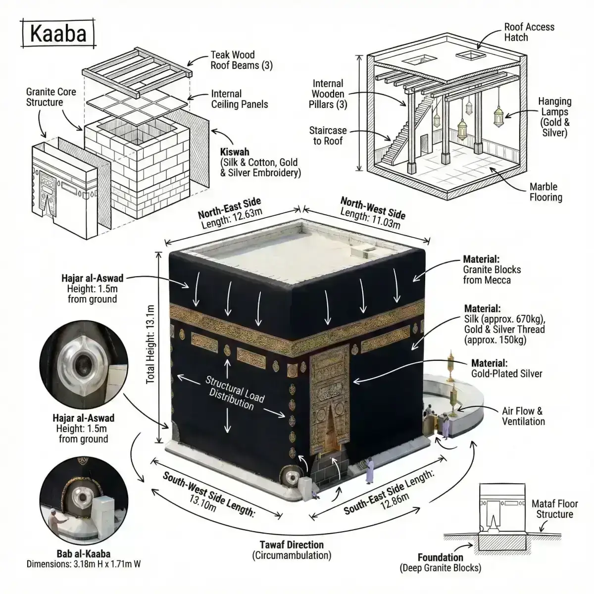 infographic image of Kaaba, combining a realistic photograph 