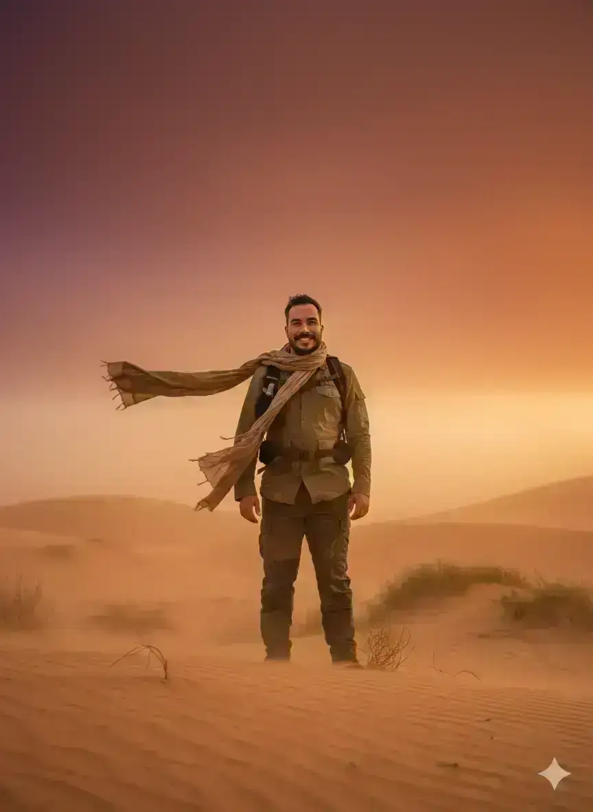  standing in a desert as a soft sandstorm